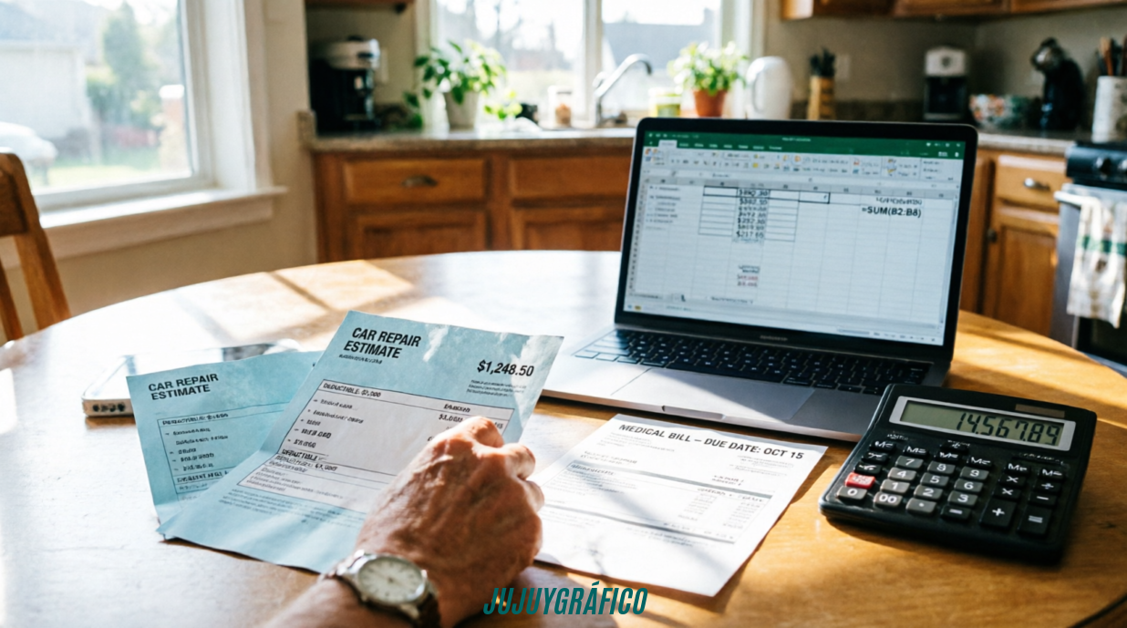 Situaciones financieras donde Dineria suele convertirse en una alternativa 11 Mesa de cocina con facturas, calculadora y laptop mostrando cálculos financieros, representando la planificación del presupuesto familiar ante gastos inesperados como reparaciones del hogar o consultas médicas no previstas. Situaciones financieras donde Dineria suele convertirse en una alternativa 1